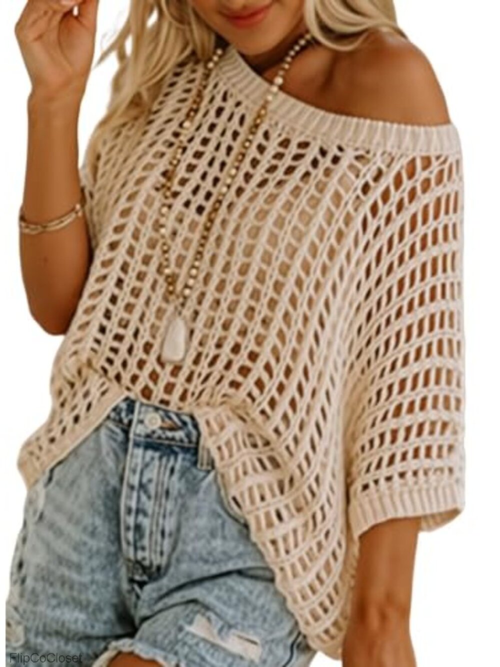 Crochet Hollow Out Short Sleeve Knit Coverup Pullover Top Loose Fit Beach